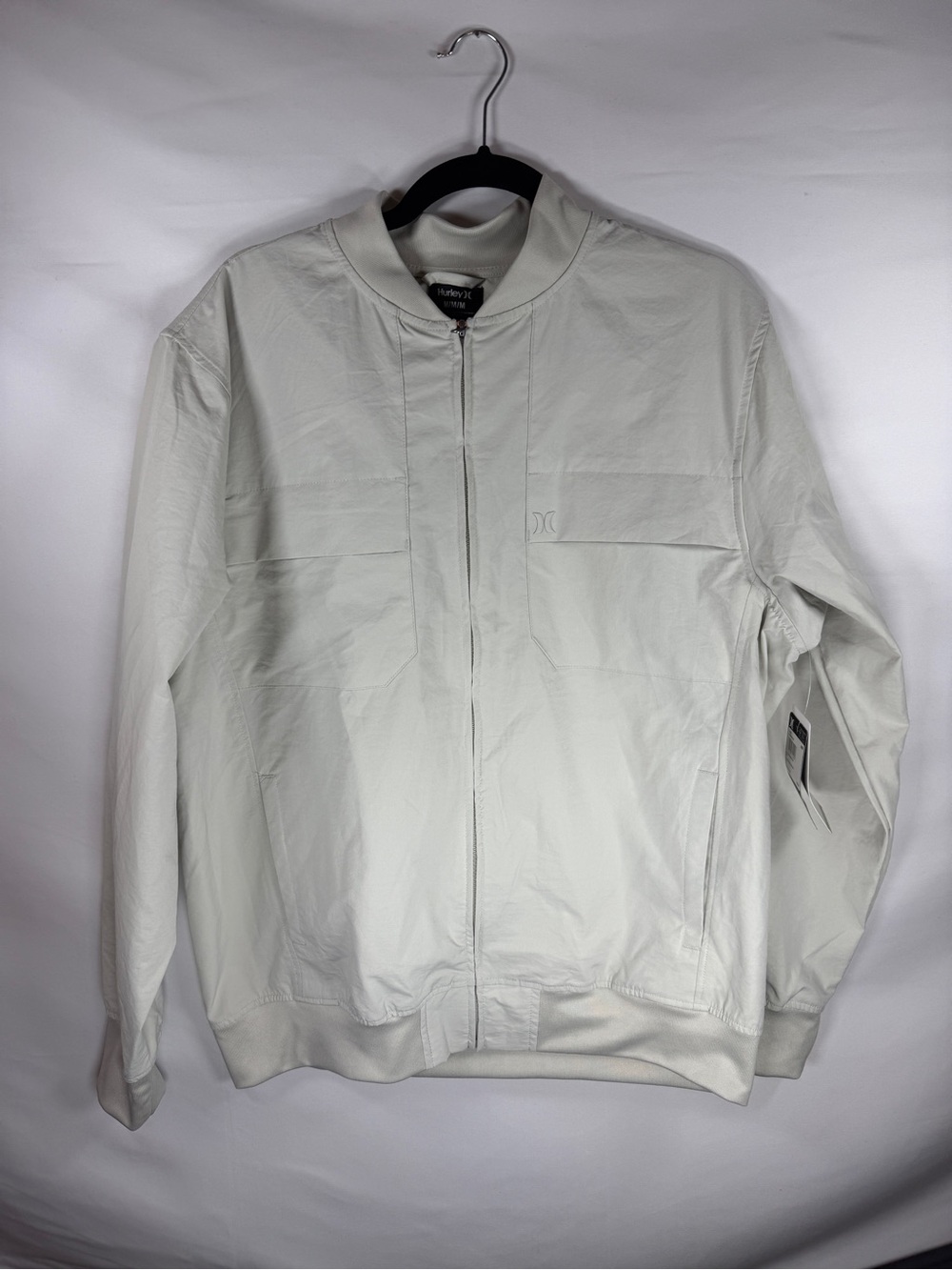 Hurley Mens Medium Exist Cargo Bomber Jacket Bone Off White Full Zip Lightweight